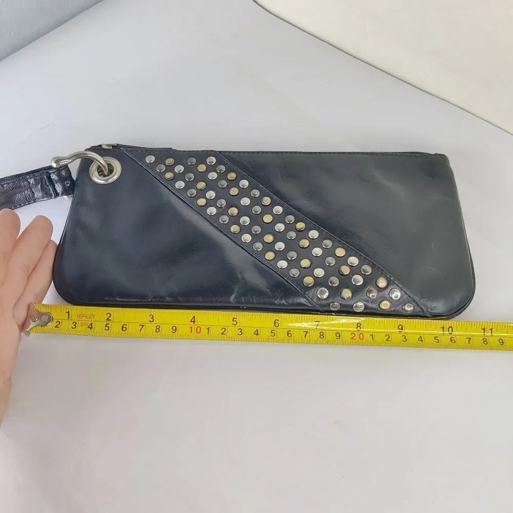 Sophia visconti Clutch Wristlet Studded Black Leather  Lime Green Lined Handbag